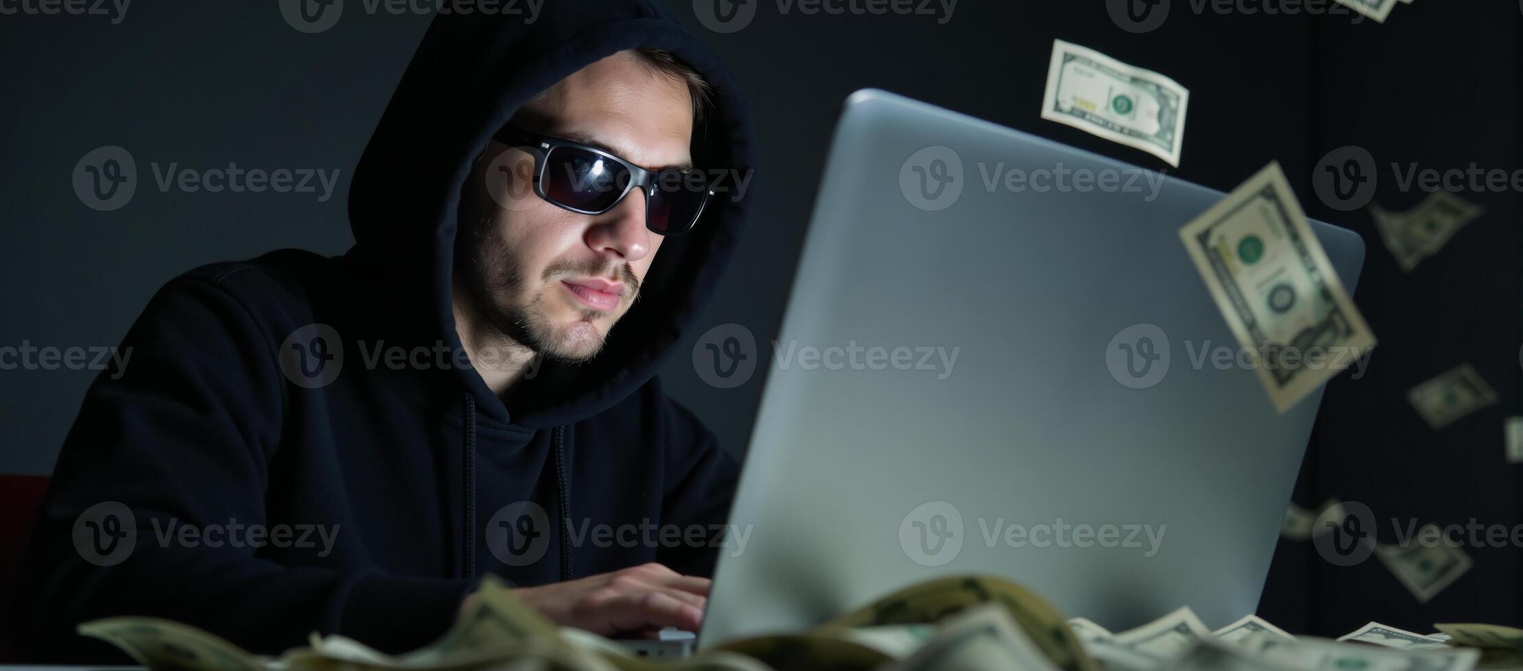 Hooded hacker with sunglasses and laptop amidst cascading dollar bills represents cyber crime online fraud and data theft photo
