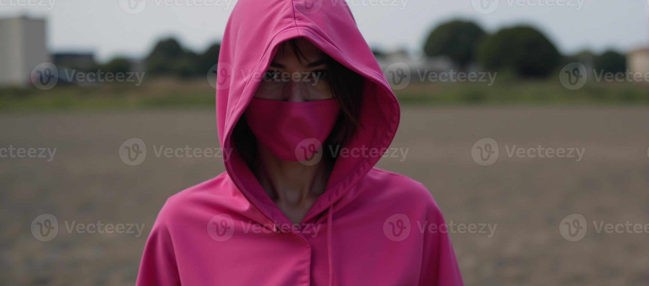 A mysterious figure donning a pink hood appears in the scene photo