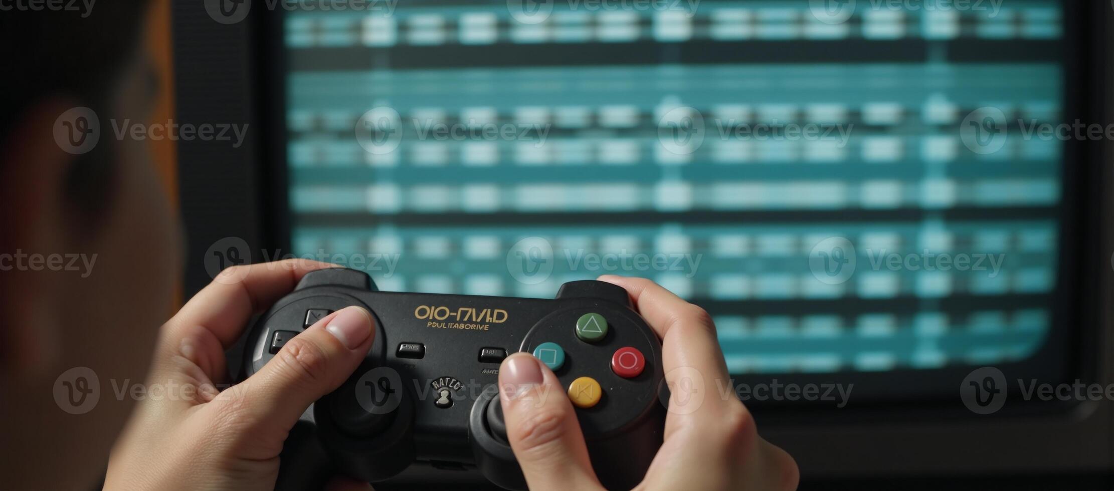 Person holding game controller before old TV showing static image photo