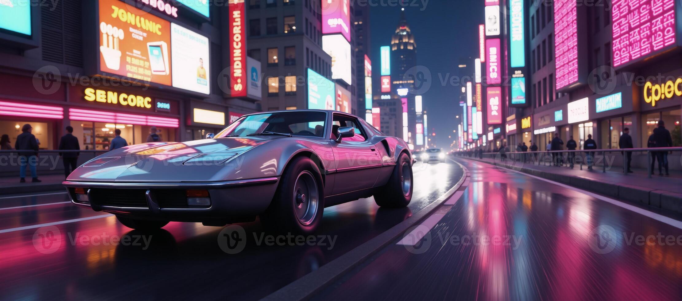 A Synthwaveinspired digital illustration showcases a retrofuturistic 1980sstyle 3D car cruising through a vibrant neon cityscape photo