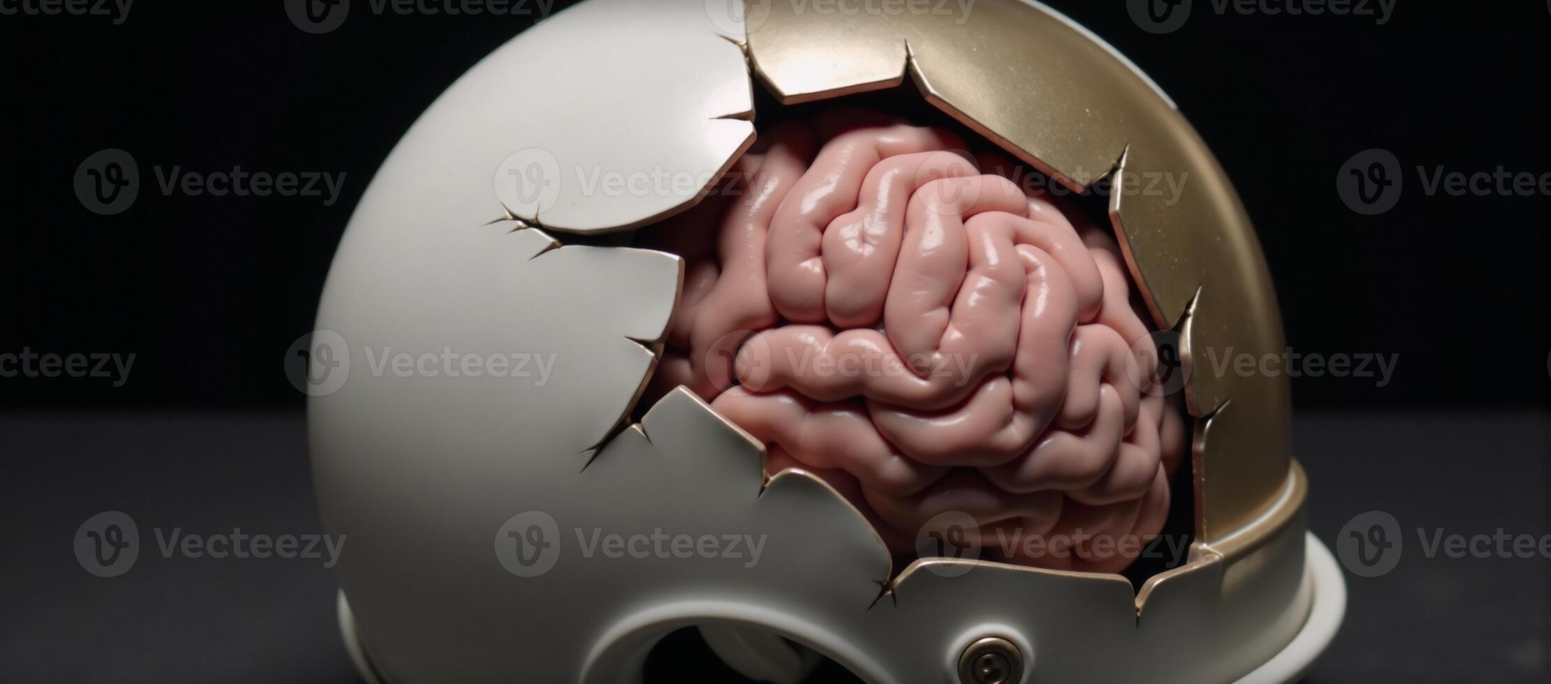 Brain inside cracked football helmet symbolizing concussions effect on mental health photo