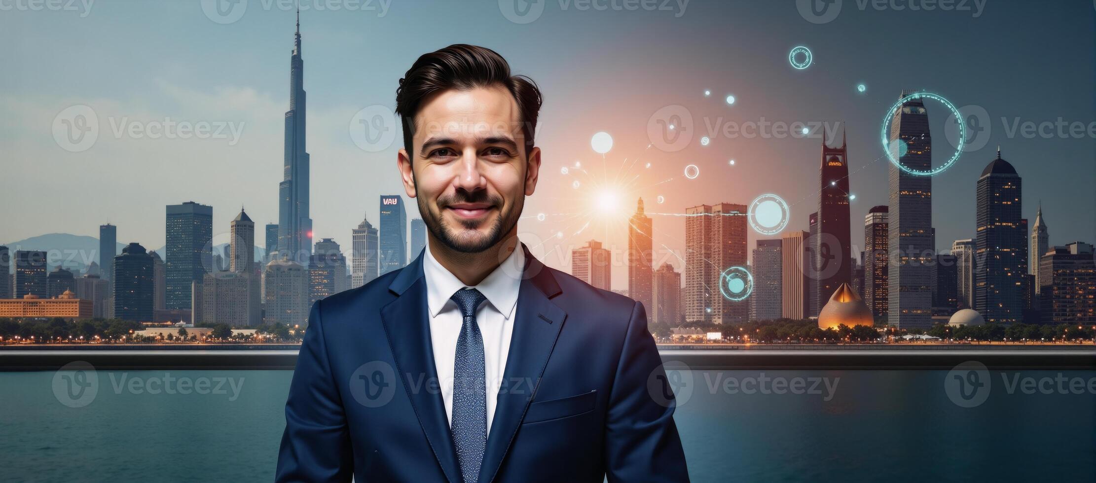 A double exposure image featuring a business person against a futuristic techfocused metropolis backdrop photo