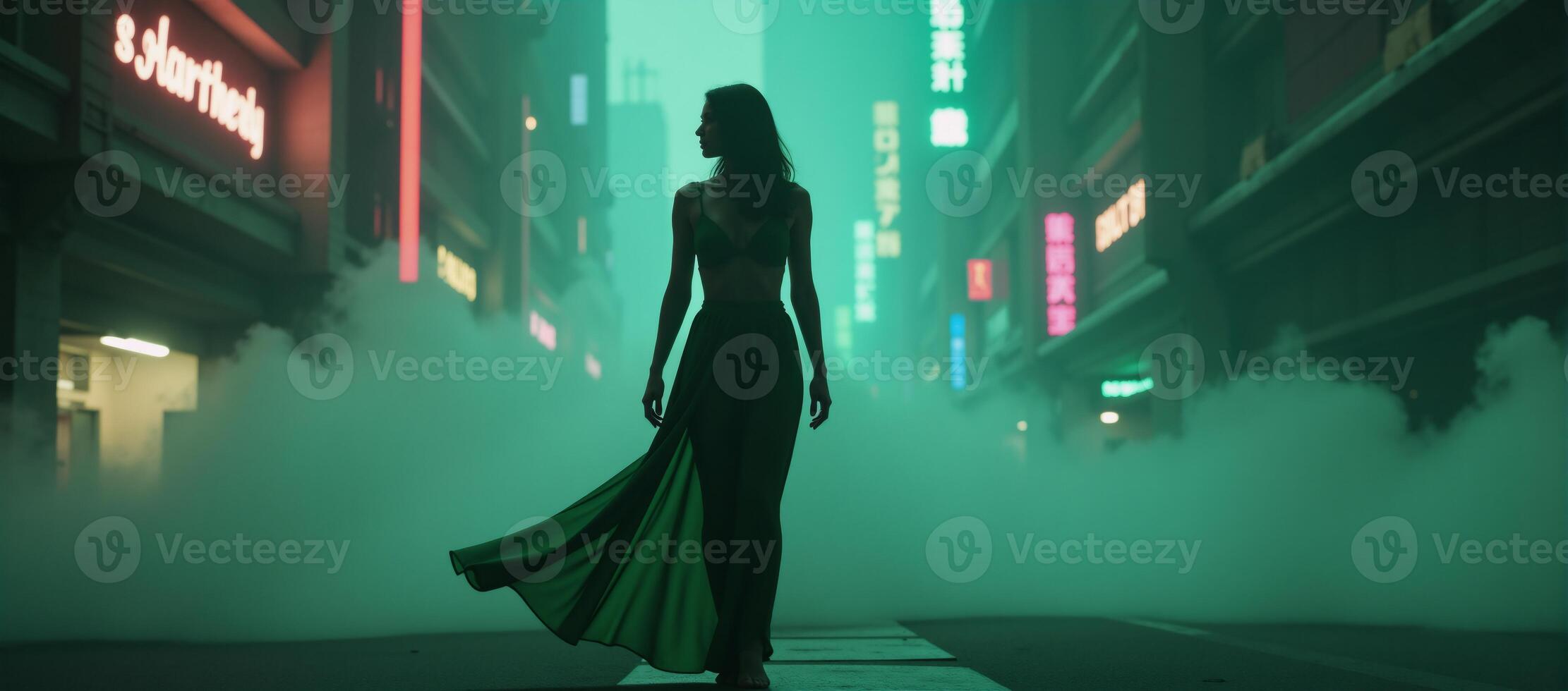 Digital illustration depicts silhouette of a woman in green against urban foggy backdrop Foggy City Silhouette photo
