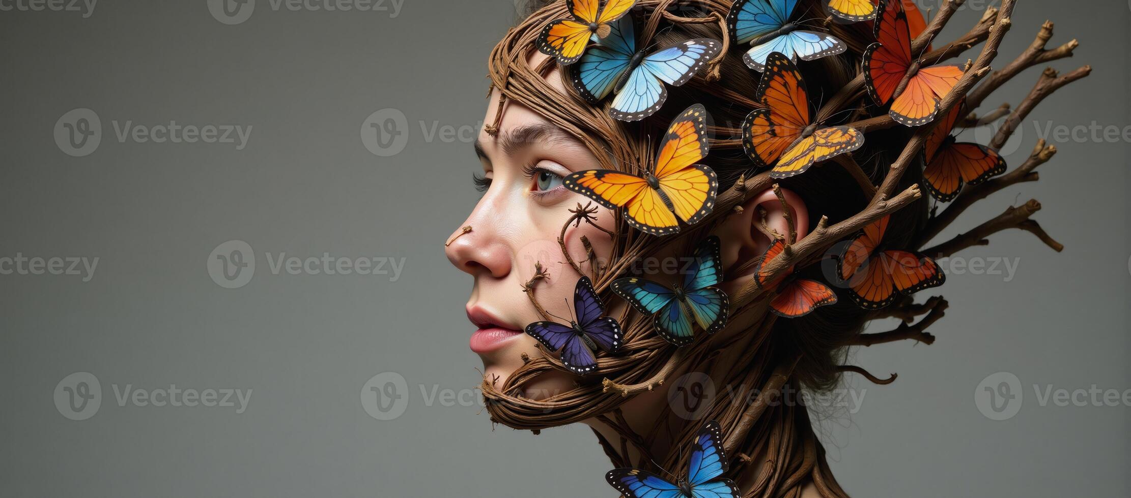 Head sculpted from trees and butterflies concept illustration photo