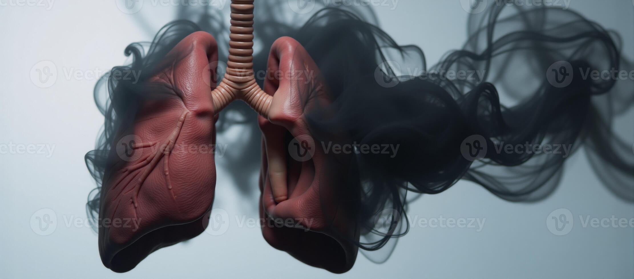Artistic depiction of polluted lungs shrouded in black smoke representing harmful effects of tobacco on respiratory health photo