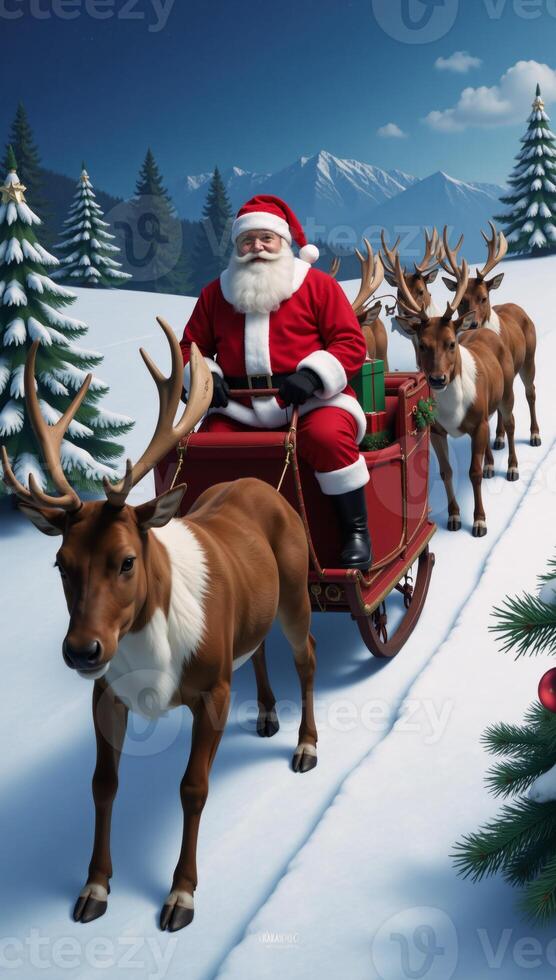 Santa Claus flying on his dynamic reindeerdrawn sleigh laden with gifts and sliding through the snowy landscape photo
