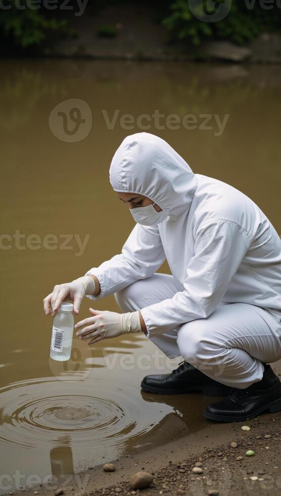 Research scientist collects contaminated riverwater sample using protective gear photo