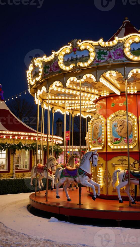 A festive carousel wonderland shimmering with twinkling lights and decor photo