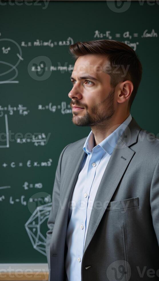 A businessman ponders amidst a wall of queries on a chalkboard photo