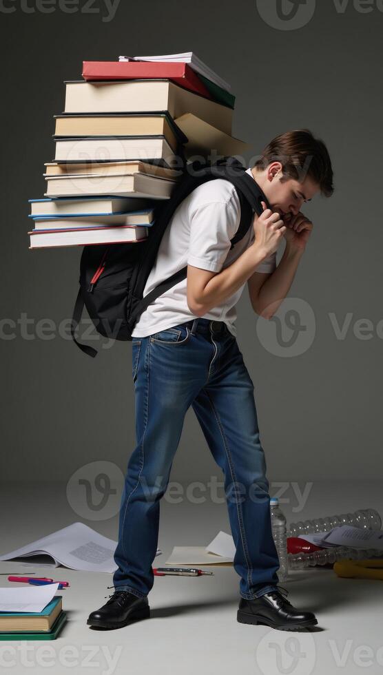 Overwhelmed student struggling under load of overflowing backpack signifying lack of organization photo