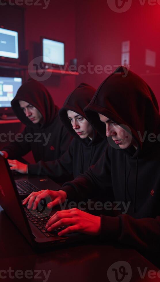 Three anonymous hackers work undercover amidst a red eerie foggy ambiance photo