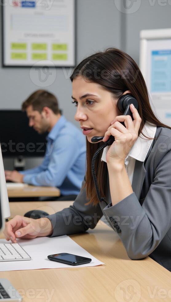 Closeup view of phoneassisting worker offering guidance over the phone photo
