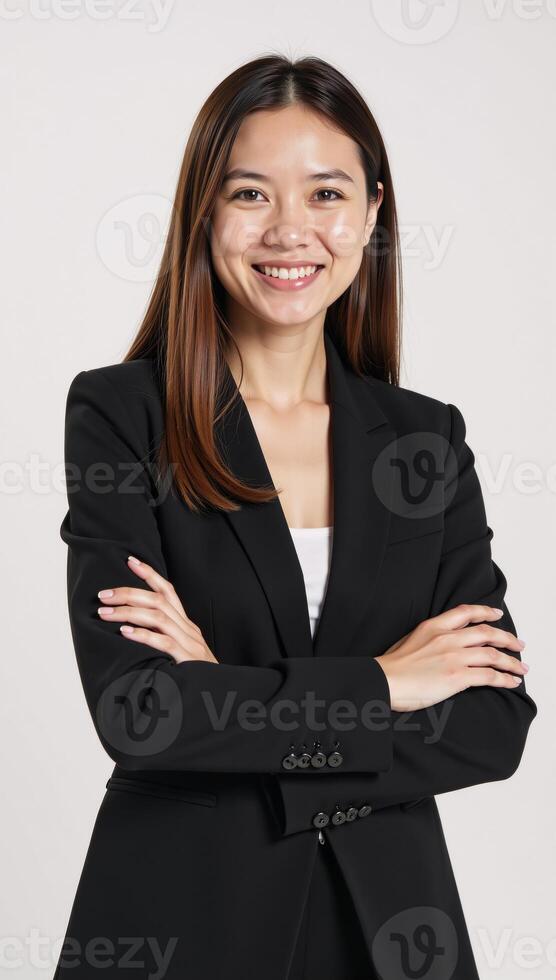 Isolated on white background A successful businesswoman smiles confidently with crossed arms and looks directly at the camera Positive Businessoriented photo