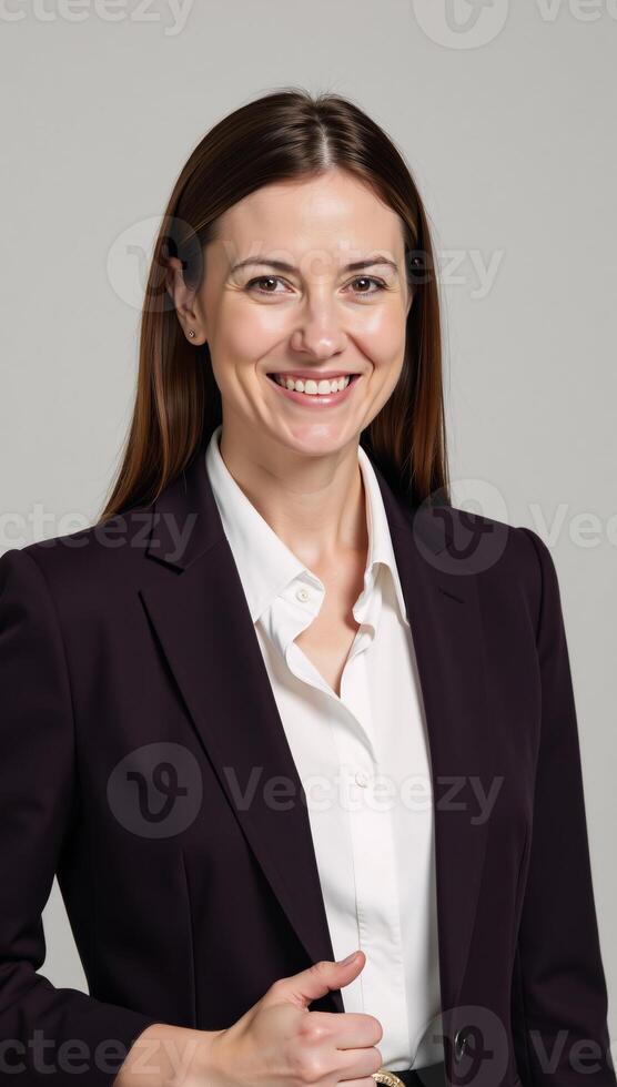 A professional portrait showcases a smiling businesswoman in formal attire photo