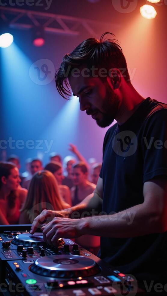 A DJ performs on a packed stage amidst an explosion of lights and sounds capturing the energy and passion of the club scene photo