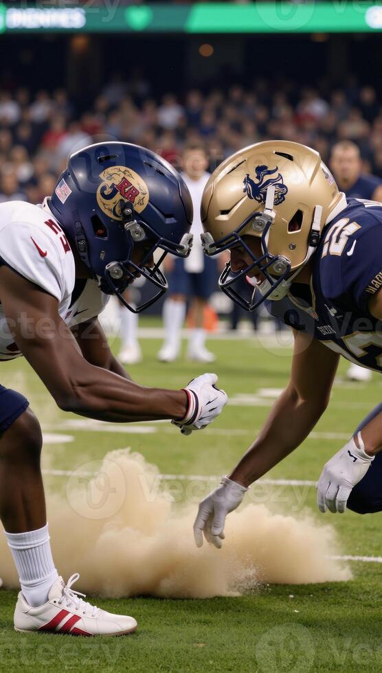 Football clash Two teams helmets collide on the gridiron symbolizing fierce competition in American football photo