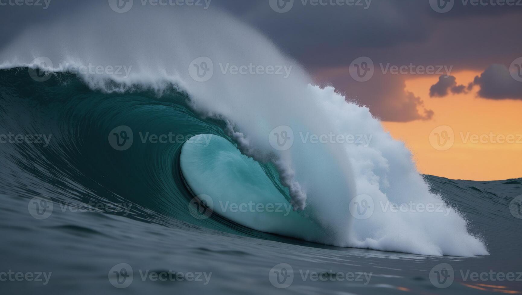 Overcast sunset reveals powerful wave in ocean waterscape photo