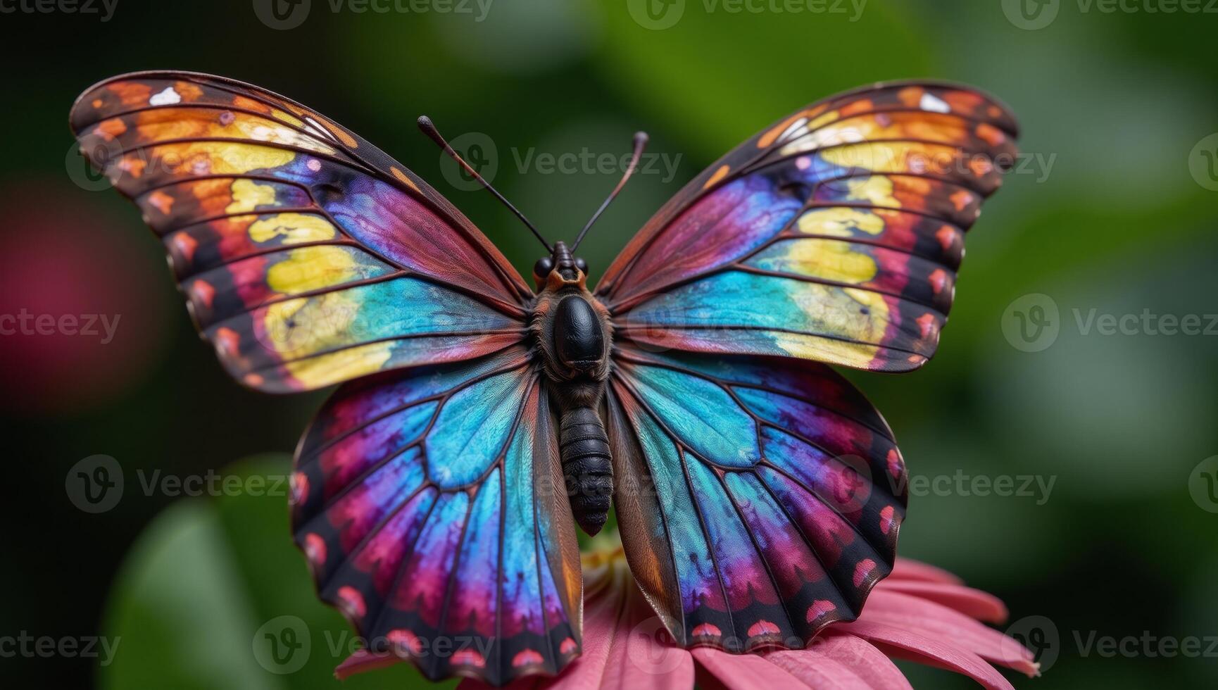 A fantasyinspired painting features a vibrantly colored butterfly perched with grand fairy wings photo