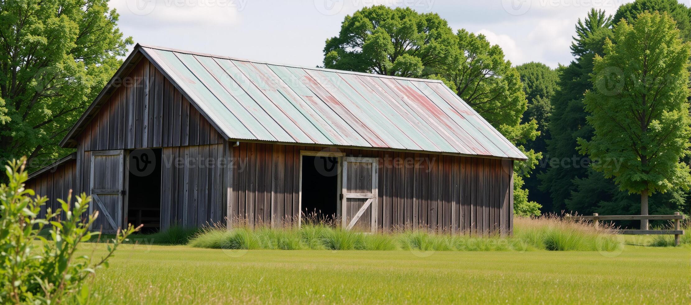 Rustic watercolor image featuring a charming barn on a picturesque farm photo