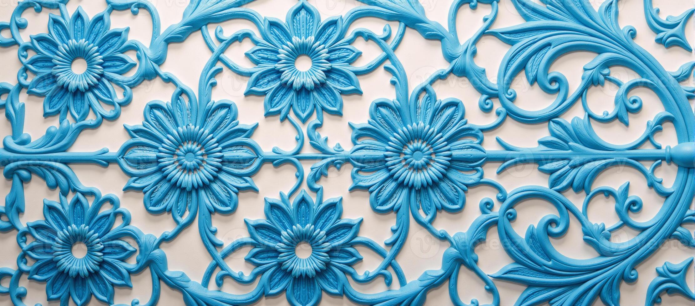Decorative abstract design showcasing bluetoned Islamic motifs and floral patterns photo