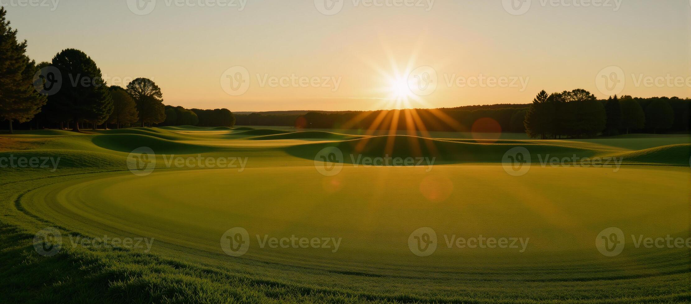 Scenic sunrise view over a goldenglowing golf course photo