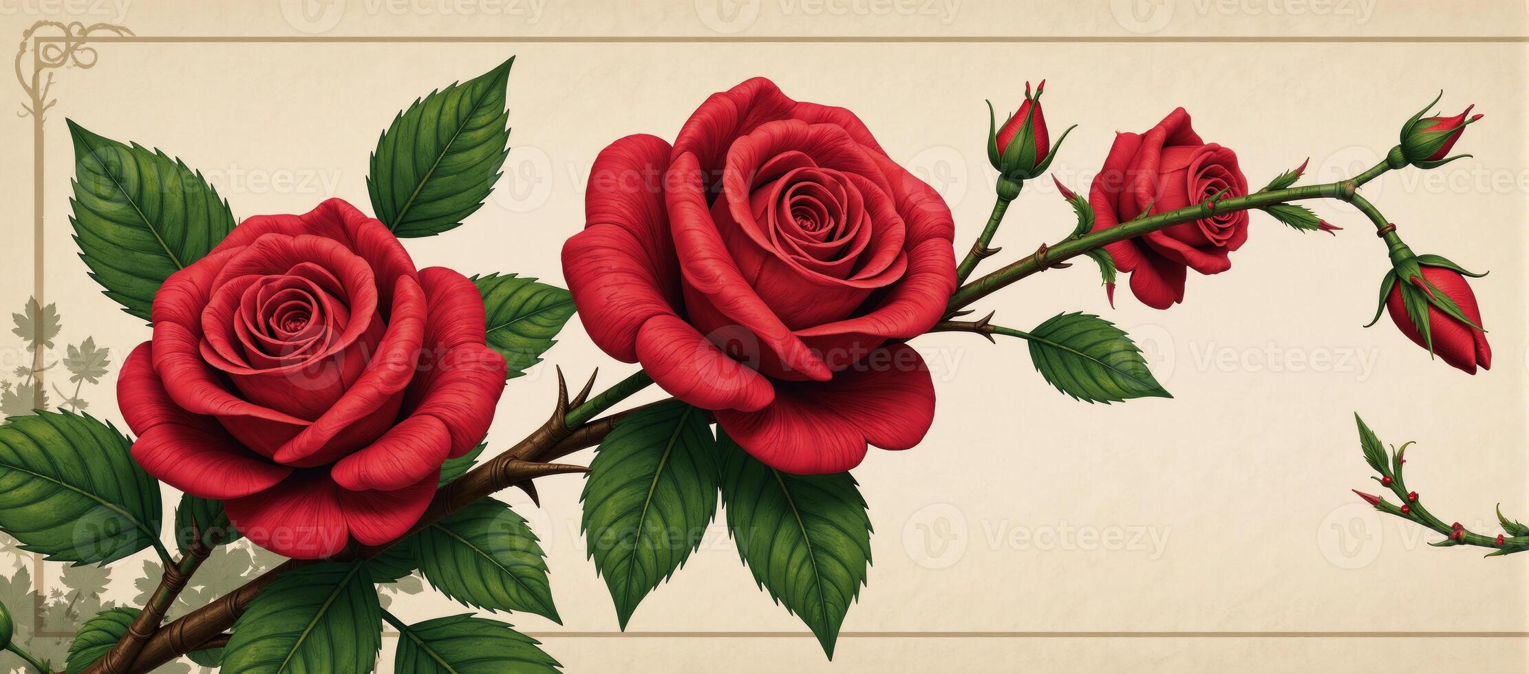 Whimsical distressed illustration showcases entwined roses thorns amidst verdant foliage in a nostalgic setting photo