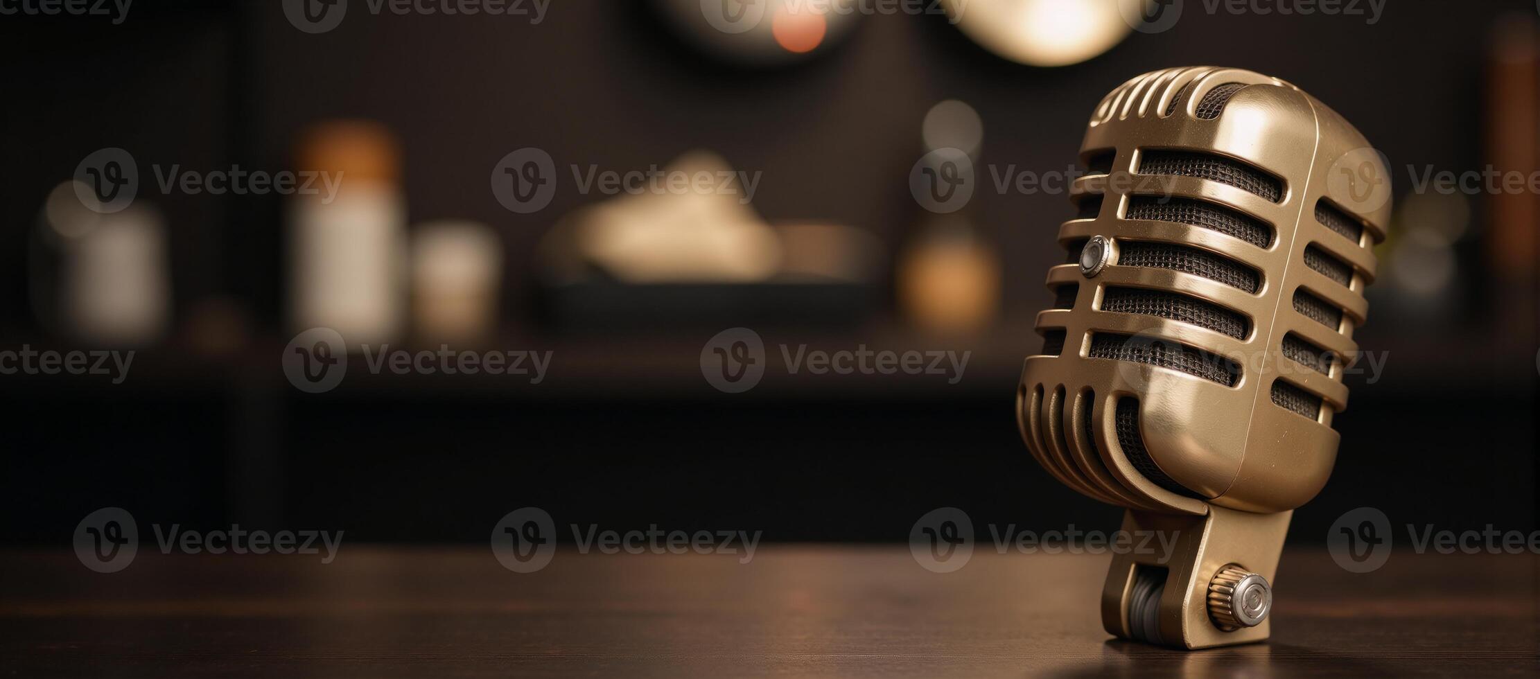 Vintage microphone against a blurry dreamy background in a stock image photo