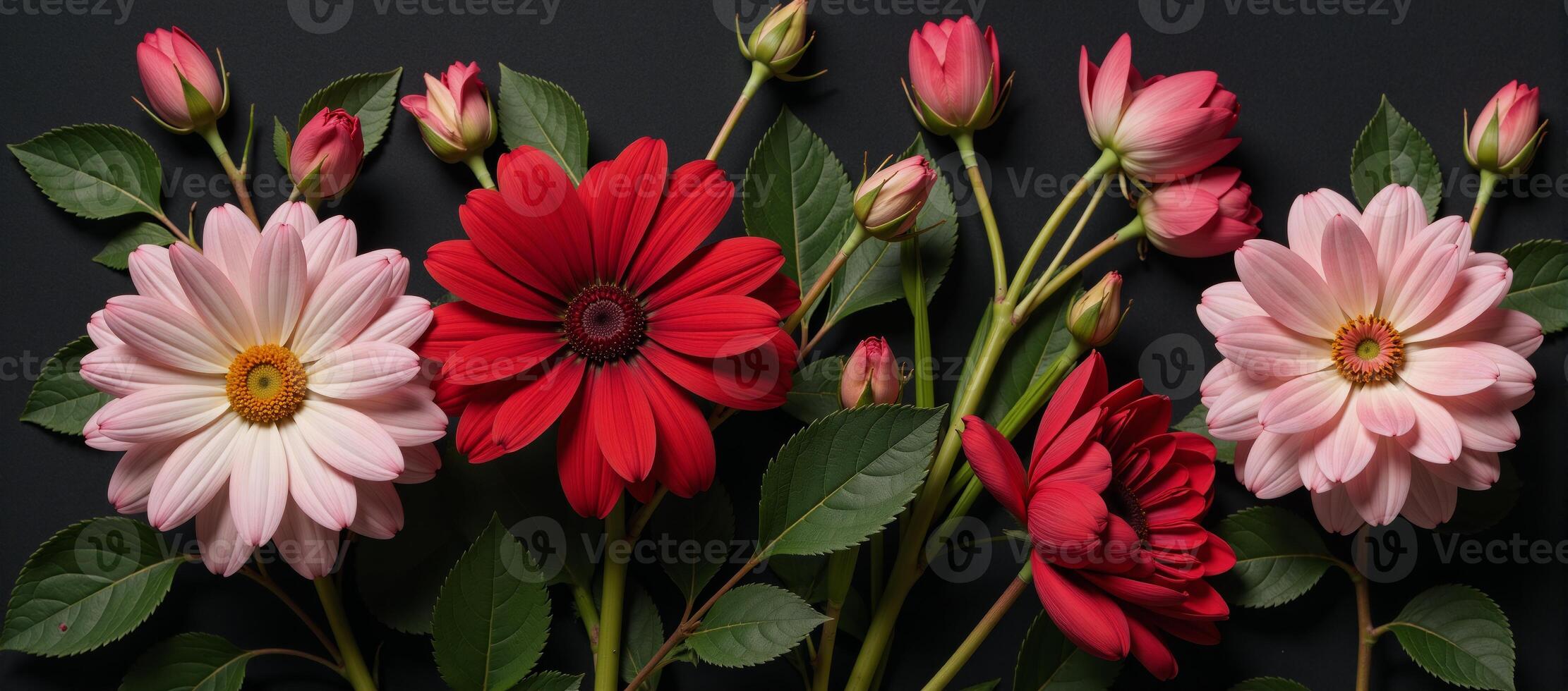Wallpaper design vintagestyle floral composition with dark background featuring flowers and leaves photo