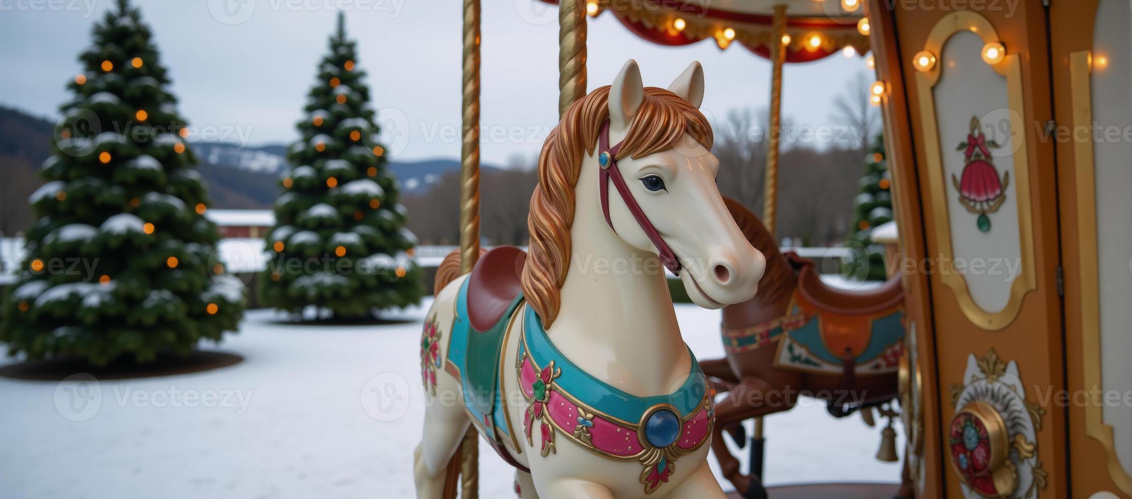 Winter carousel with horsed against backdrop of snowy park filled with towering Christmas trees photo