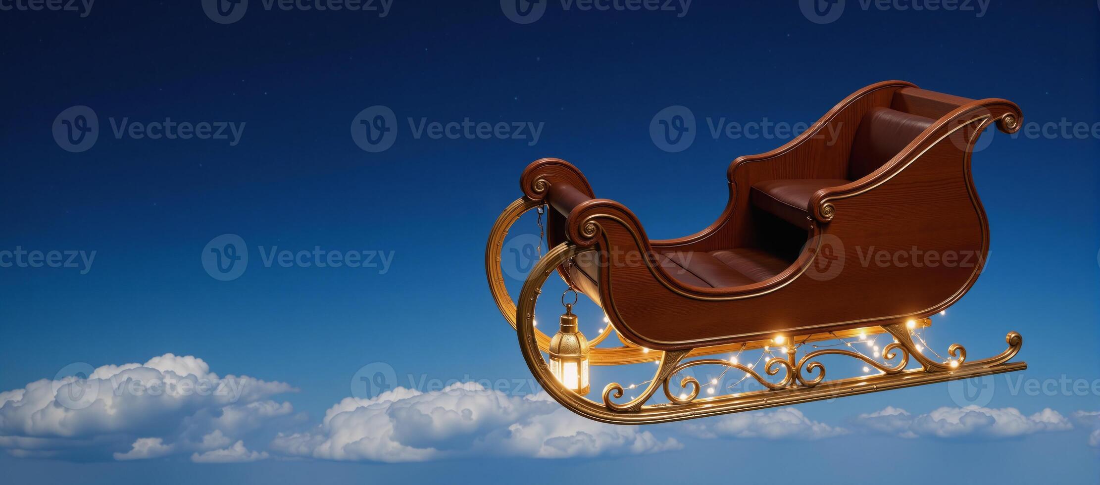 Majestic sleigh adorned with gold and lantern lights flies over starfilled blue sky dotted with fluffy clouds photo