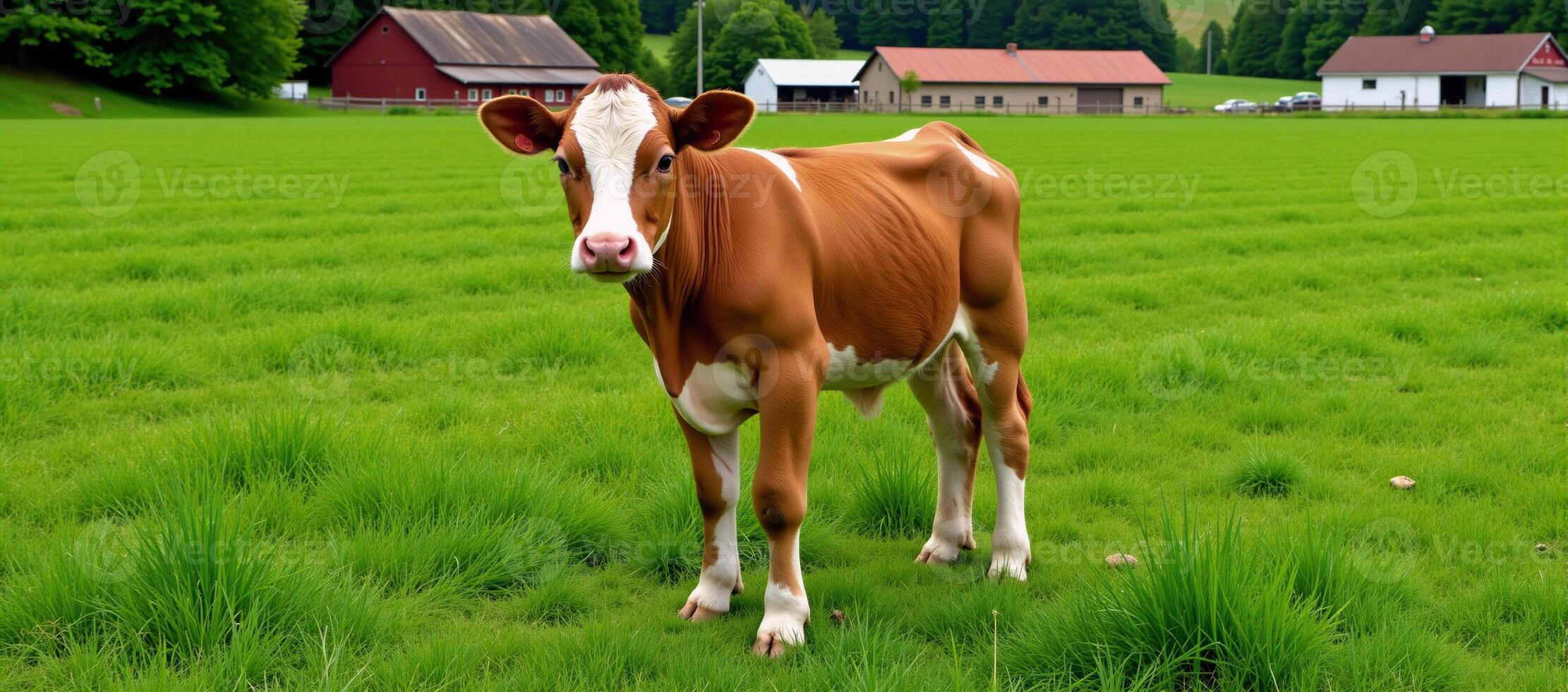 A cow in a gridpatterned green field faces a distant farm photo