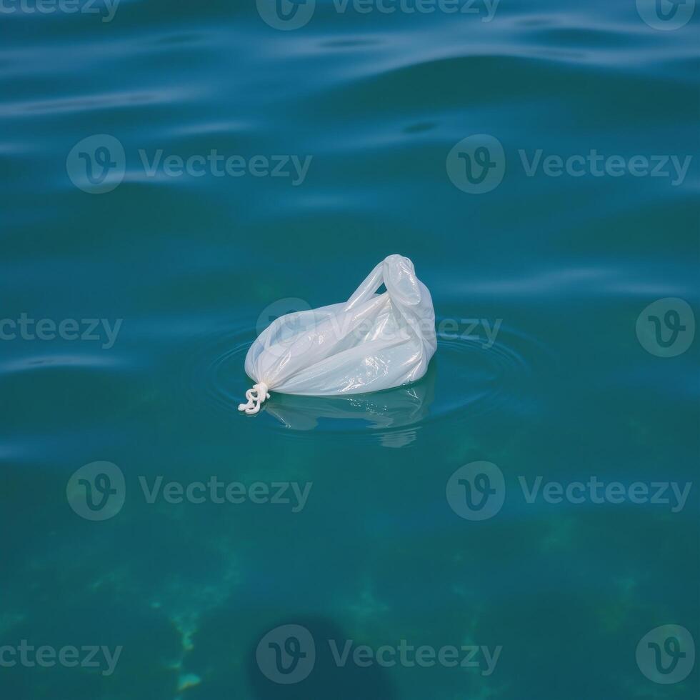 Plastic bag floats in clear ocean water emphasizing marine pollutions environmental impact photo