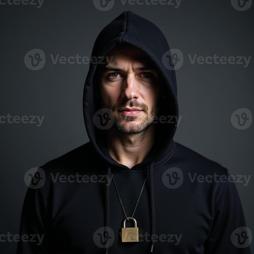 Hooded man with determined look holds emblem of protection before a digitally crafted backdrop photo
