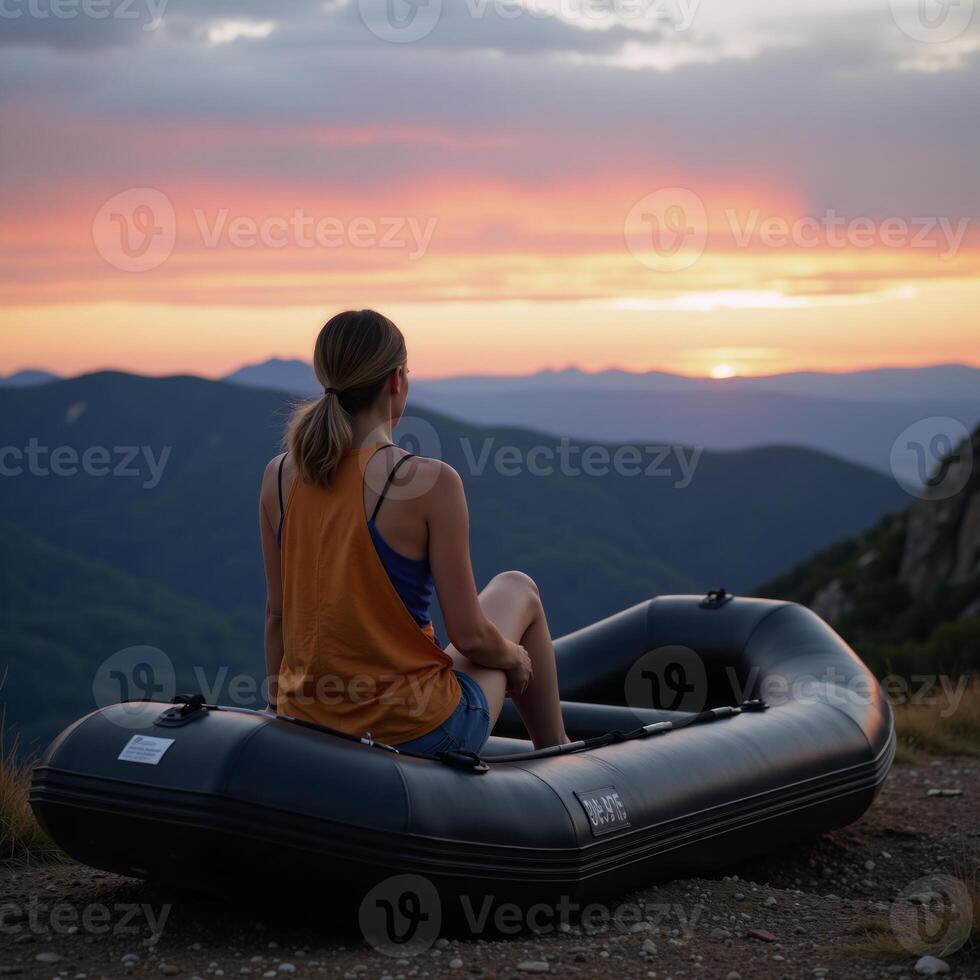 Traveler sits atop mountainside raft facing nature in twilight during a carefree outdoor summer activity photo