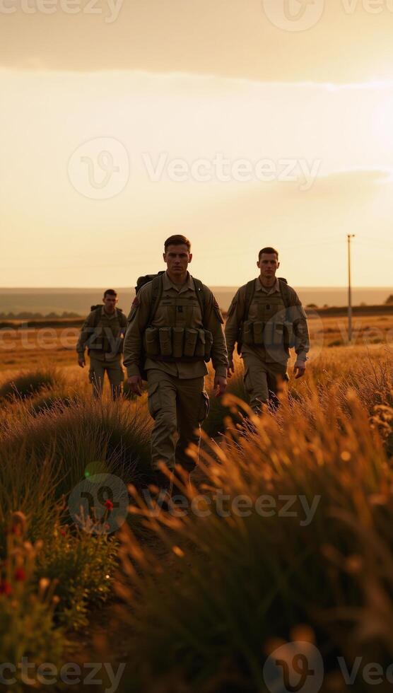 Soldiers walk through a sunlit field at dusk with warm sunlight casting an ethereal glow photo