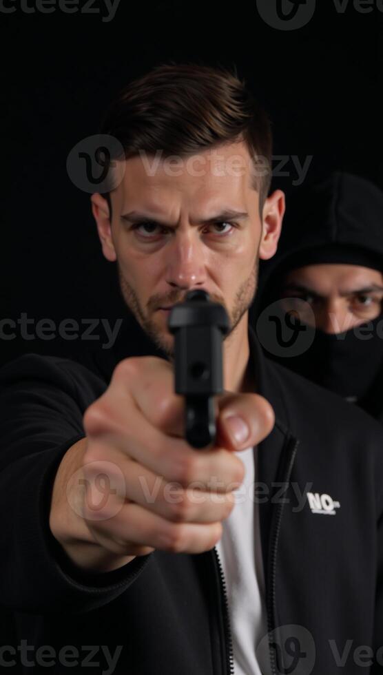 Attacker brandishing weapon gun targets individual donning black mask and hoodie in threatening scenario photo