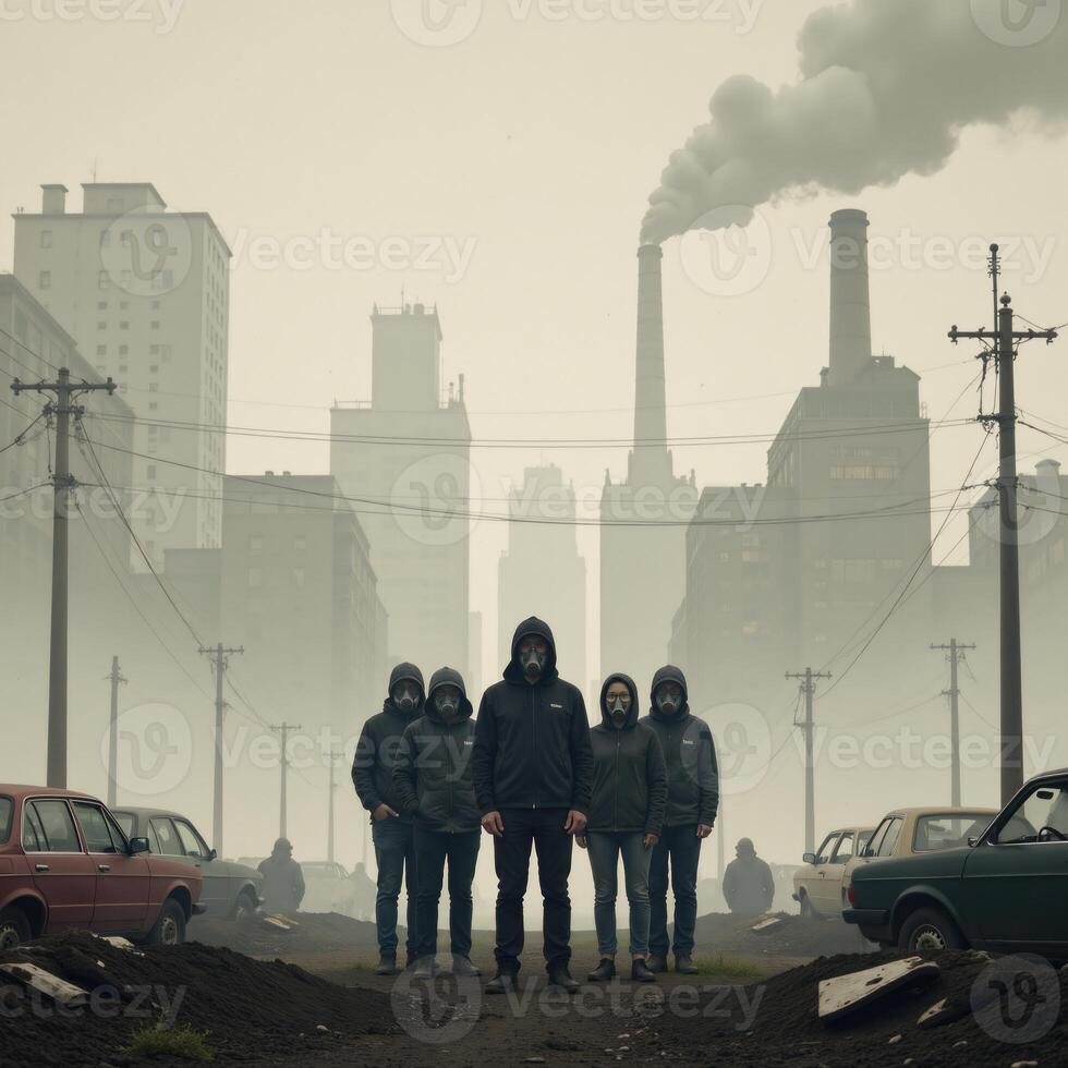 Urban Air Pollution Climate Change Conceptual Illustration showing a City blanketed by Smog with GasMasked People symbolizing Health Impacts on Population photo