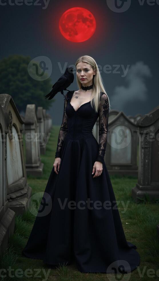 Gothic Witch BloodRed Moon Graveyard Silver Hair Black Lace Raven photo