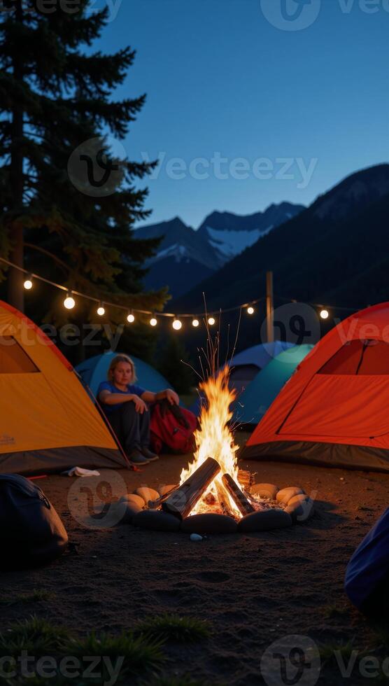Camping scene showcasing cozy campsite near a crackling fire with tents hiking equipment and a sense of adventure photo