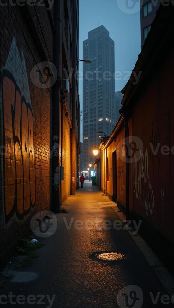 A moody urban cityscape at night featuring an alleyway shrouded in swirling fog photo