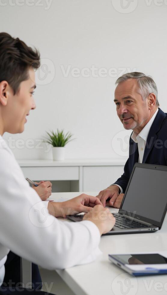A seasoned colleague coaches a junior counterpart discussing work details on a shared device at their respective desks photo