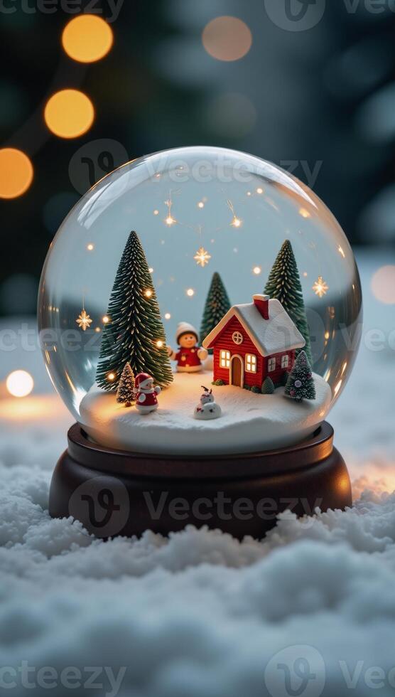 Miniature winter wonderland in a frosted snowglobe with twinkling lights photo