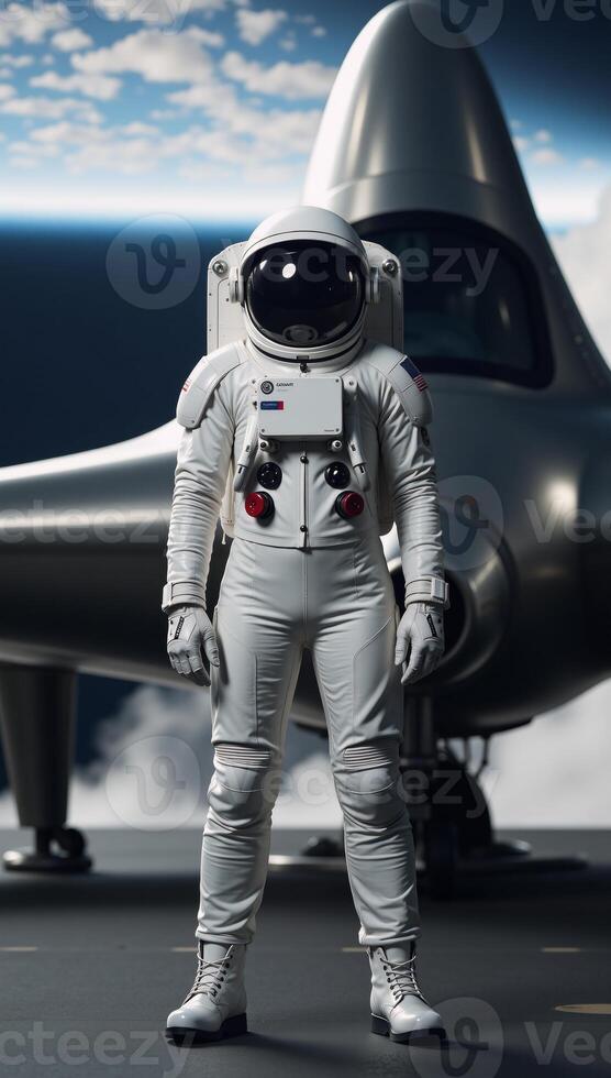 A futuristic astronaut woman is depicted against a backdrop of a sleek spaceship photo