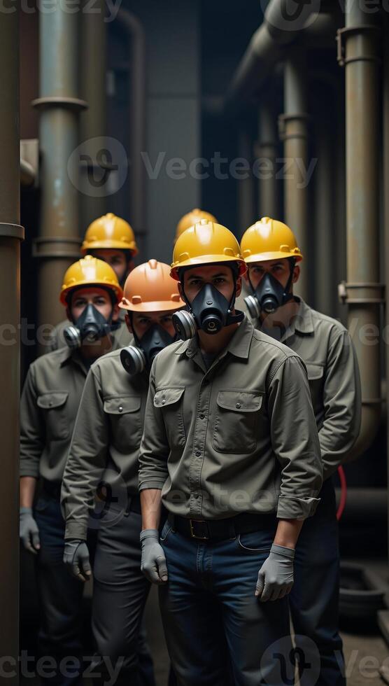 Workers wear respirators for protection during hazardous work photo