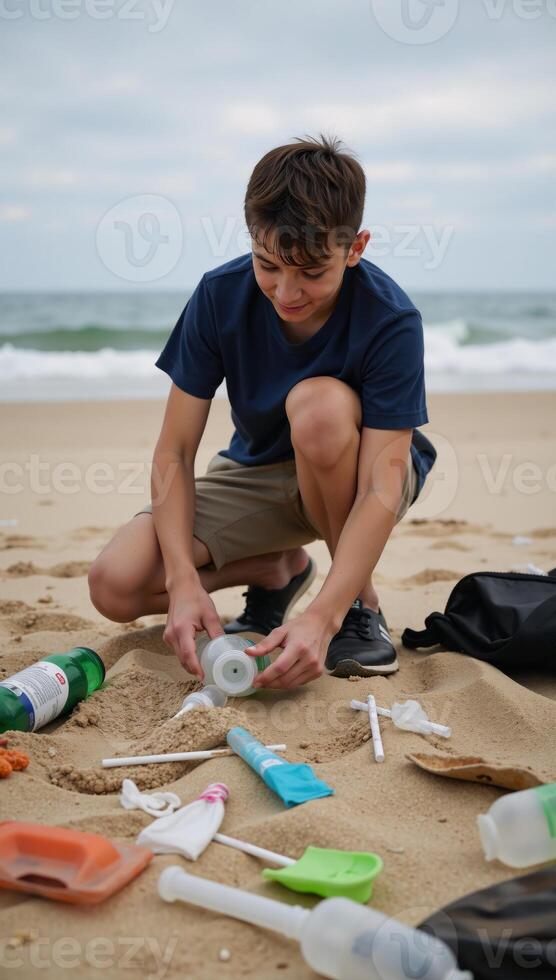 A young man educates children about plastic pollution while helping clean up the beach for environmental conservation photo