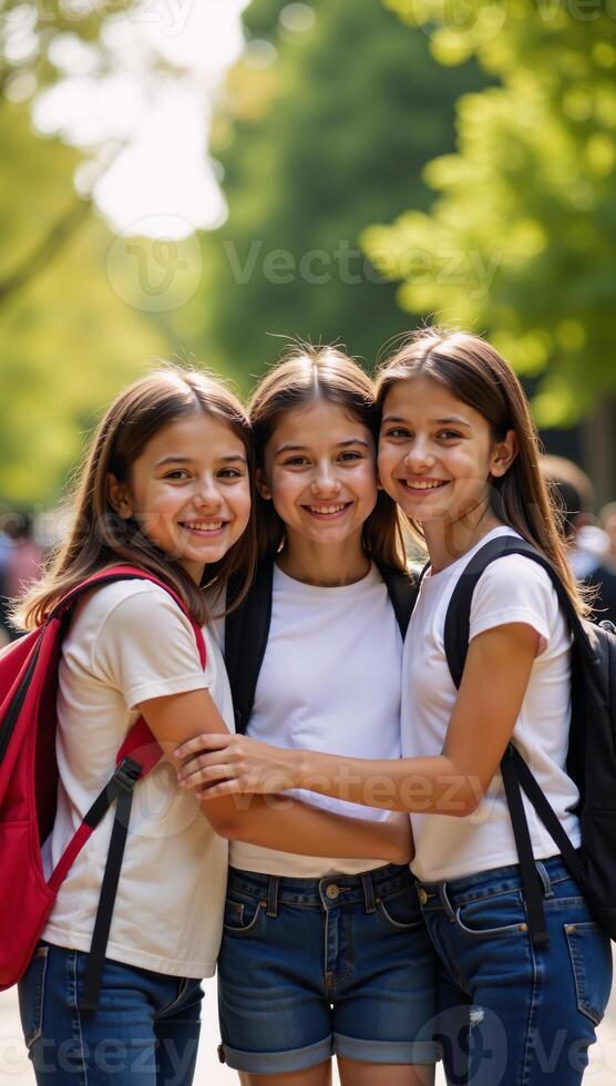 Three friends embrace in a sunlit schoolyard symbolizing camaraderie and unity photo