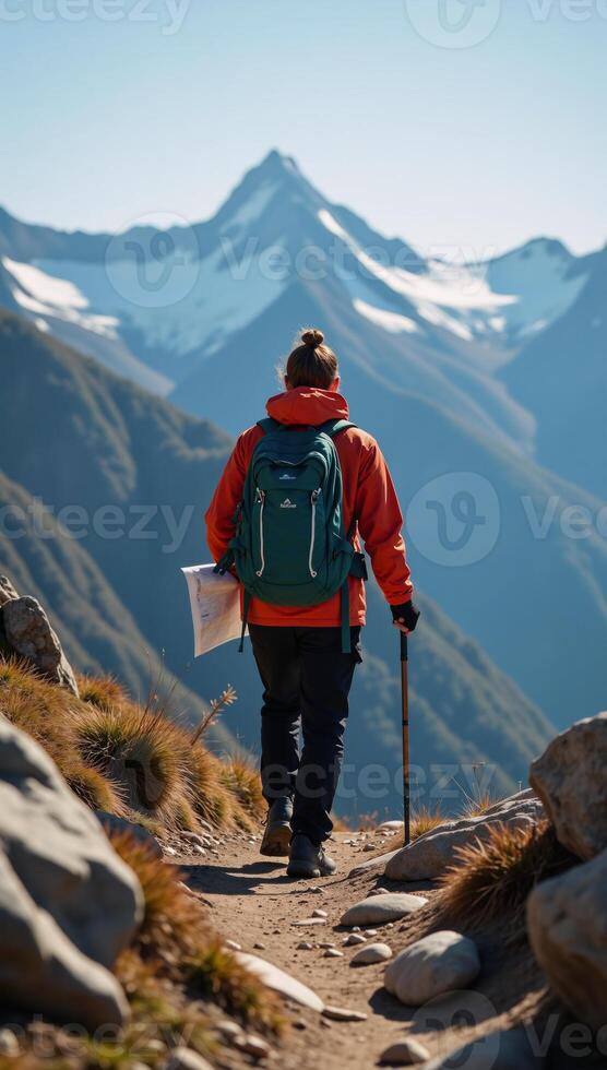 Hiker with backpack on trail exploring isolated terrain with map and staff extreme trekking style illustrated photo