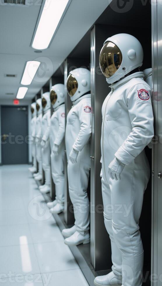 Futuristic spaceship hallways showcase rows of suspended white spacesuits in lockers photo