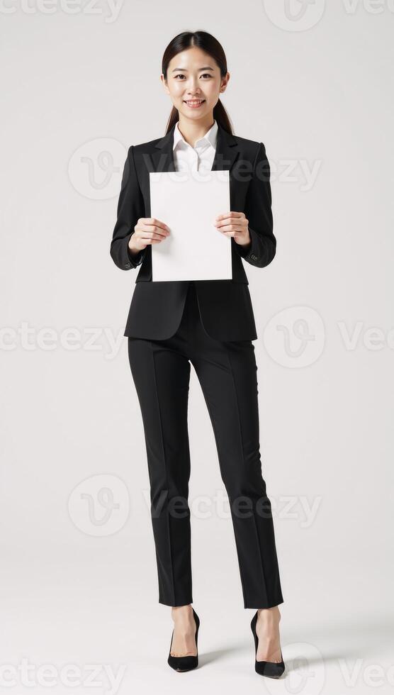 A young Asian businesswoman is depicted holding a document against a white background in a 3D illustrated style photo