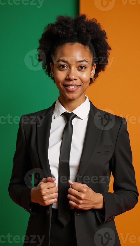 A young businesswoman sporting an afro and dressed in office attire stands amidst a vibrant mix of warm oranges and cool greens photo